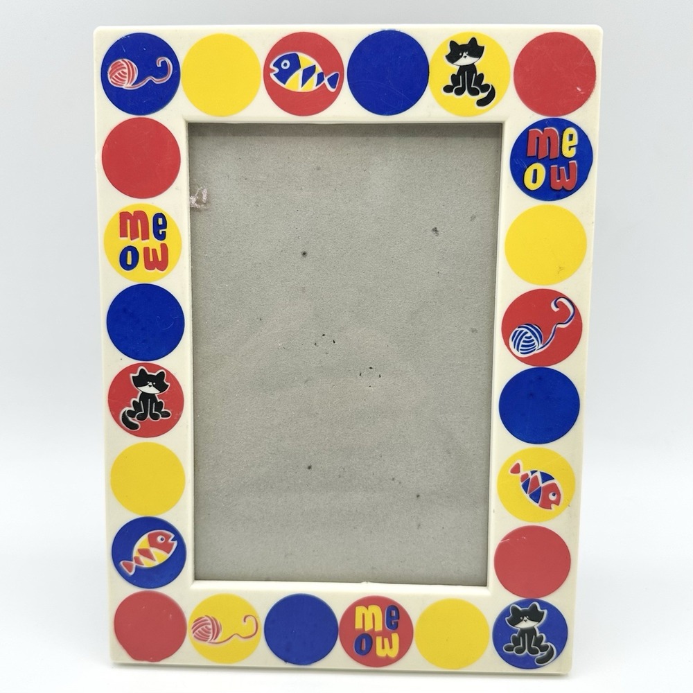 Vintage Picture Frame Cat Meow Circles Primary Colors Plastic